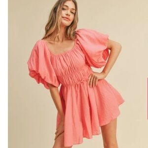 Boutique Pink Punch Bubble Sleeve Flared Mini Dress